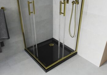 MEXEN/S - Rio sprchovací kút štvorec 90x90, transparent, zlatá + čierna vanička so sifónom 860-090-090-50-00-4070G