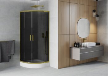 MEXEN/S - Rio sprchovací kút štvrťkruh 90 x 90, grafit, zlatá + vanička Rio, biela - 863-090-090-50-40-4710 863-090-090-50-0-4710