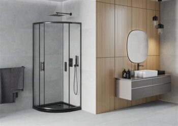MEXEN/S - Rio štvrťkruhový sprchovací kút 80 x 80, transparent, čierny + vanička so sifónom Flat, čierny 863-080-080-70-00-4170B