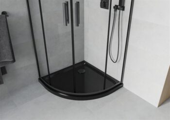 MEXEN/S - Rio štvrťkruhový sprchovací kút 80 x 80, transparent, čierny + vanička so sifónom Flat, čierny 863-080-080-70-00-4170B
