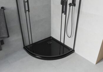 MEXEN/S - Rio štvrťkruhový sprchovací kút 80 x 80, transparent, čierny + vanička so sifónom Flat, čierny 863-080-080-70-00-4170B