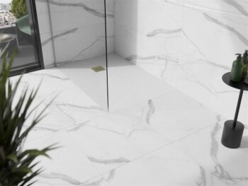 MEXEN/S - Stone+ obdĺžniková sprchová vanička 110 x 70, biela, mriežka zlatá 44107011-G