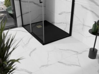 MEXEN/S - Stone+ obdĺžniková sprchová vanička 120 x 100, čierna, mriežka zlatá 44701012-G