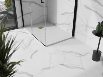 MEXEN/S - Stone+ obdĺžniková sprchová vanička 120 x 80, biela, mriežka zlatá 44108012-G