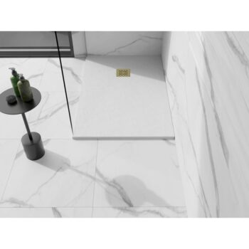 MEXEN/S - Stone+ obdĺžniková sprchová vanička 130 x 90, biela, mriežka zlatá 44109013-G