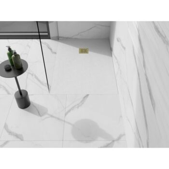 MEXEN/S - Stone+ obdĺžniková sprchová vanička 130 x 90, biela, mriežka zlatá 44109013-G