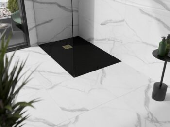 MEXEN/S - Stone+ obdĺžniková sprchová vanička 140 x 100, čierna, mriežka zlatá 44701014-G