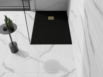 MEXEN/S - Stone+ obdĺžniková sprchová vanička 140 x 100, čierna, mriežka zlatá 44701014-G
