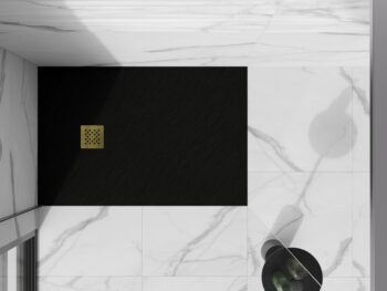 MEXEN/S - Stone+ obdĺžniková sprchová vanička 140 x 100, čierna, mriežka zlatá 44701014-G