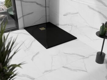 MEXEN/S - Stone+ obdĺžniková sprchová vanička 140 x 100, čierna, mriežka zlatá 44701014-G