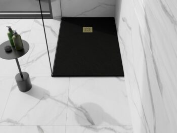 MEXEN/S - Stone+ obdĺžniková sprchová vanička 140 x 100, čierna, mriežka zlatá 44701014-G