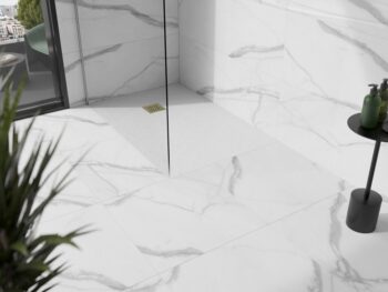 MEXEN/S - Stone+ obdĺžniková sprchová vanička 140 x 90, biela, mriežka zlatá 44109014-G