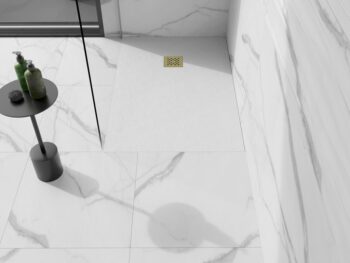MEXEN/S - Stone+ obdĺžniková sprchová vanička 140 x 90, biela, mriežka zlatá 44109014-G