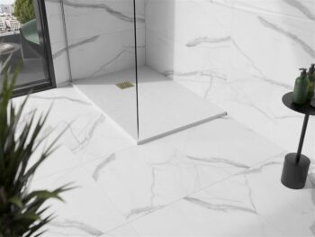 MEXEN/S - Stone+ obdĺžniková sprchová vanička 140 x 90, biela, mriežka zlatá 44109014-G