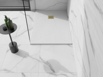 MEXEN/S - Stone+ obdĺžniková sprchová vanička 140 x 90, biela, mriežka zlatá 44109014-G