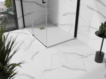 MEXEN/S - Stone+ obdĺžniková sprchová vanička 140 x 90, biela, mriežka zlatá 44109014-G
