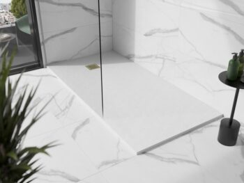 MEXEN/S - Stone+ obdĺžniková sprchová vanička 160 x 70, biela, mriežka zlatá 44107016-G