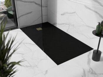MEXEN/S - Stone+ obdĺžniková sprchová vanička 180 x 70, čierna, mriežka zlatá 44707018-G