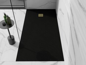 MEXEN/S - Stone+ obdĺžniková sprchová vanička 180 x 70, čierna, mriežka zlatá 44707018-G