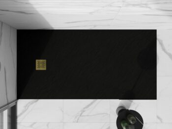 MEXEN/S - Stone+ obdĺžniková sprchová vanička 180 x 70, čierna, mriežka zlatá 44707018-G