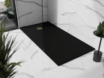 MEXEN/S - Stone+ obdĺžniková sprchová vanička 180 x 70, čierna, mriežka zlatá 44707018-G