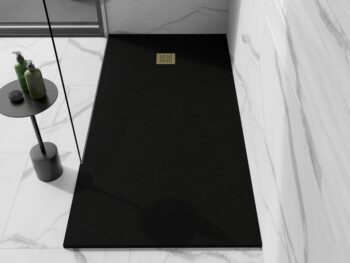 MEXEN/S - Stone+ obdĺžniková sprchová vanička 180 x 70, čierna, mriežka zlatá 44707018-G