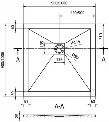 MEXEN/S - Stone+ štvorcová sprchová vanička 100 x 100, biela, mriežka zlatá 44101010-G