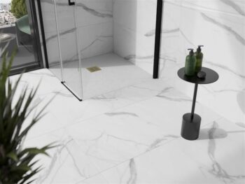 MEXEN/S - Stone+ štvorcová sprchová vanička 70 x 70, biela, mriežka zlatá 44107070-G