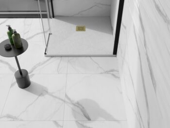 MEXEN/S - Stone+ štvorcová sprchová vanička 70 x 70, biela, mriežka zlatá 44107070-G