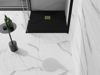 MEXEN/S - Stone+ štvorcová sprchová vanička 90 x 90, čierna, mriežka zlatá 44709090-G