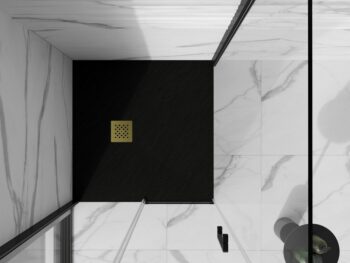 MEXEN/S - Stone+ štvorcová sprchová vanička 90 x 90, čierna, mriežka zlatá 44709090-G