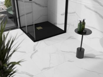MEXEN/S - Stone+ štvorcová sprchová vanička 90 x 90, čierna, mriežka zlatá 44709090-G