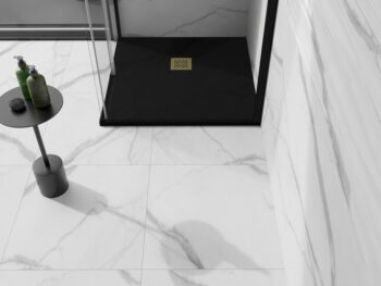 MEXEN/S - Stone+ štvorcová sprchová vanička 90 x 90, čierna, mriežka zlatá 44709090-G