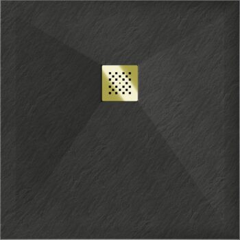 MEXEN/S - Stone+ štvorcová sprchová vanička 90 x 90, čierna, mriežka zlatá 44709090-G