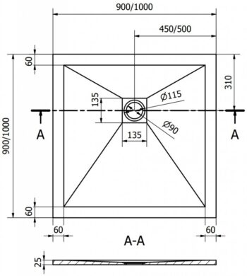 MEXEN/S - Stone+ štvorcová sprchová vanička 90 x 90, čierna, mriežka zlatá 44709090-G