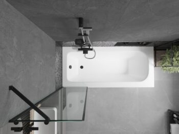 MEXEN/S - Vega obdĺžniková vaňa 150 x 70 cm s panelom + vaňová zástena 50, čierna vzor 550115070X9505007070