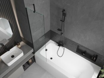 MEXEN/S - Vega obdĺžniková vaňa 150 x 70 cm s panelom + vaňová zástena 50, transparent, čierna 550115070X9505000070