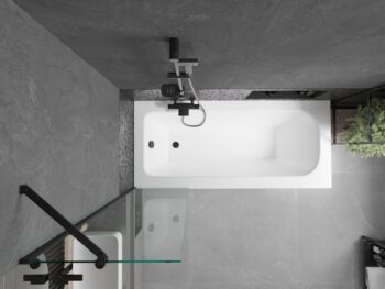 MEXEN/S - Vega obdĺžniková vaňa 150 x 70 cm s panelom + vaňová zástena 50, transparent, čierna 550115070X9505000070