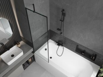 MEXEN/S - Vega obdĺžniková vaňa 150 x 70 cm s panelom + vaňová zástena 60, čierna vzor 550115070X9506007070