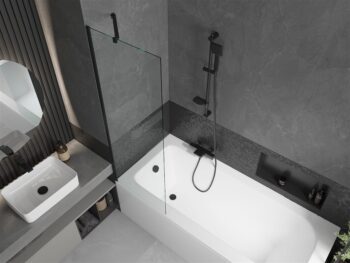 MEXEN/S - Vega obdĺžniková vaňa 150 x 70 cm s panelom + vaňová zástena 60, transparent, čierna 550115070X9506000070