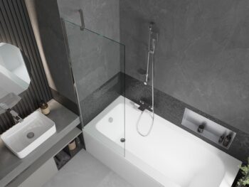 MEXEN/S - Vega obdĺžniková vaňa 150 x 70 cm s panelom + vaňová zástena 70, transparent, chróm 550115070X9507000001