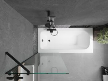 MEXEN/S - Vega obdĺžniková vaňa 150 x 70 cm s panelom + vaňová zástena 70, transparent, čierna 550115070X9507000070