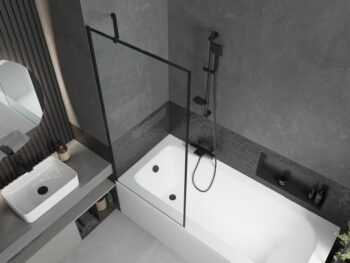 MEXEN/S - Vega obdĺžniková vaňa 150 x 70 cm s panelom + vaňová zástena 80, čierna vzor 550115070X9508007070