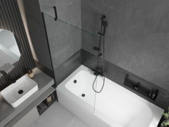 MEXEN/S - Vega obdĺžniková vaňa 170 x 70 cm s panelom + vaňová zástena 90, transparent, čierna 550117070X9509000070