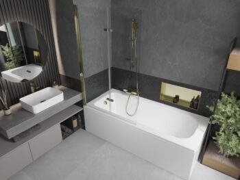 MEXEN/S - Vega obdĺžniková vaňa 180 x 80 cm s panelom + vaňová zástena 100, transparent, zlatá 550118080X9210025000