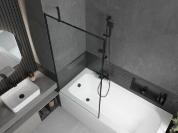 MEXEN/S - Vega obdĺžniková vaňa 180 x 80 cm s panelom + vaňová zástena 90, čierna vzor 550118080X9509007070