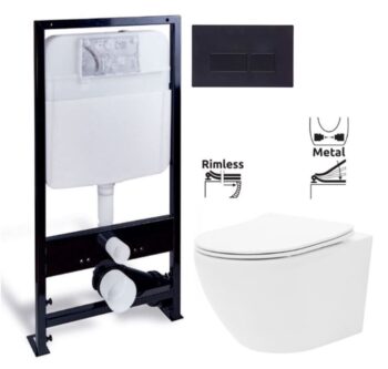 PRIM predstenový inštalačný systém s čiernym tlačidlom 20/0044 + WC REA Carlo Flat Mini Rimlesss + SEDADLO PRIM_20/0026 44 CF1