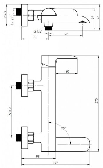 Rubineta - Vaňová batéria ULTRA-10/K s príslušenstvom, chróm OLBAU10K