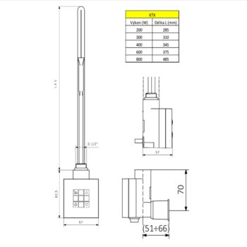 SAPHO - KTX vykurovacia tyč s termostatom s krytom pre kábel, 800 W, chróm KTX-CW-800