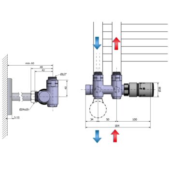 SAPHO - TWIN COMBI termostatická pripojovacia súprava ventil pre stredové pripojenie, prava, nerez mat CP5510S